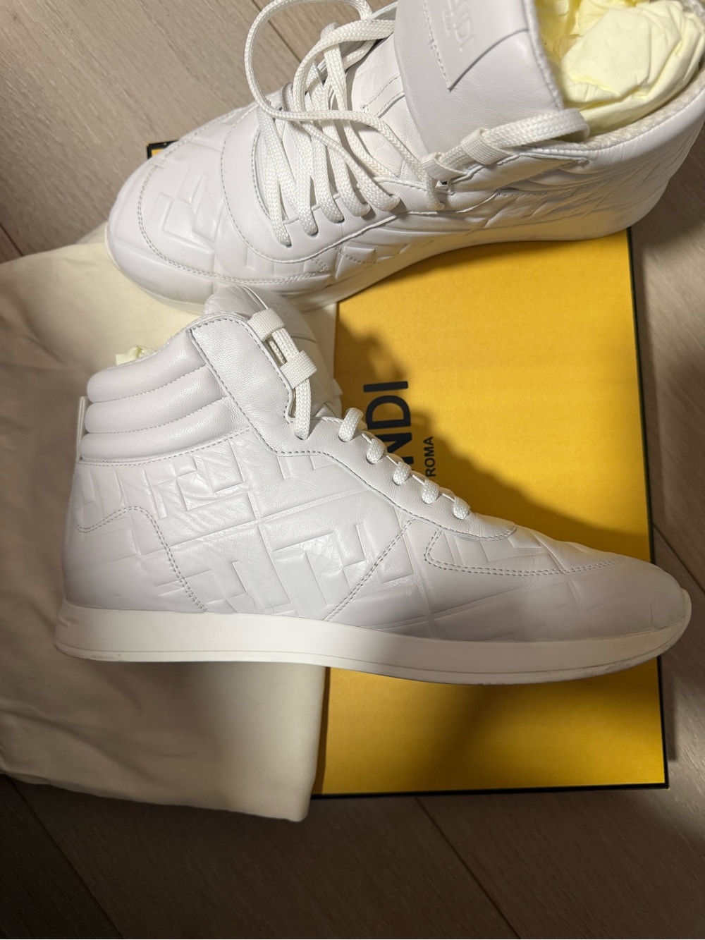 Fendi White Men’s High-Top Embossed Leather Sneakers